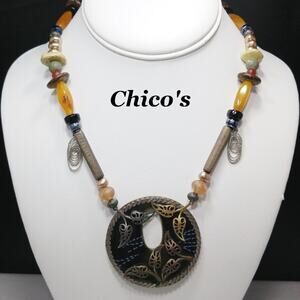 Chico’s Enamel Pendant Necklace Copper Gold Silver Leaves Black Beads 22"